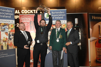 From left: Portfolio Ambassador at Edward Dillon and Co Alan Kavanagh, BAI National Cocktial Competition Winner Pat Thomas, BAI President Andrew O' Gorman and Kevin Behan, Sales Diretor with Edward Dillon & Co, sponsors of the competition.